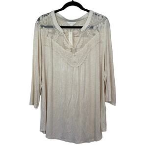 NWT Adiva Women’s Lace 3/4 Sleeve Blouse Size 1X Cream Boho Romantic Cottagecore